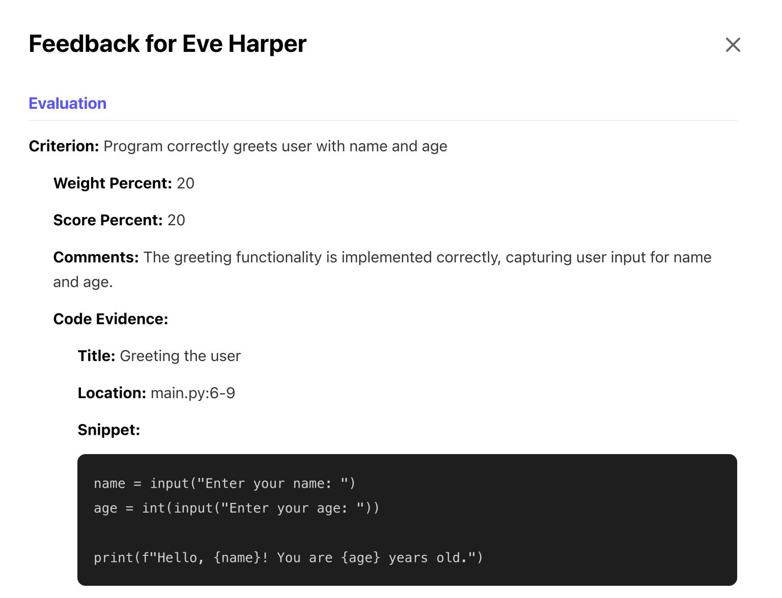 GradeInstant feedback view: a criterion with its score, comments and the code evidence it is based on